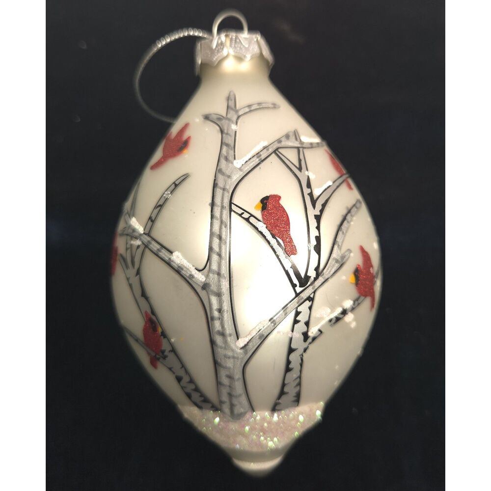 Hand Painted Cardinal Glass Christmas Ornament Birch Tree Glitter 5.75"